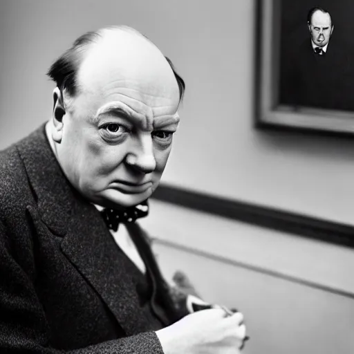 Prompt: Winston Churchill getting sued by Saul Goodman from Better Call Saul, in court, high detail, real lighting, photography from Vogue magazine, in the style of Dorothea Lange, 85mm Sigma Art Lens