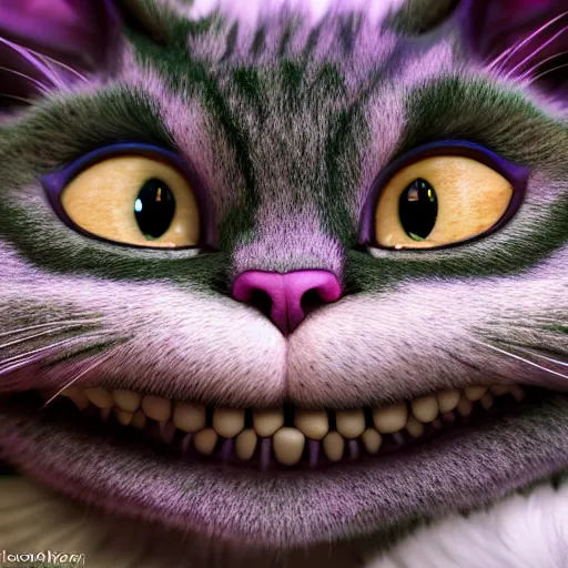 Image similar to full body pose, hyperrealistic photograph of the cheshire cat as a kitten, dim volumetric lighting, 8 k, octane beautifully detailed render, extremely hyper detailed, intricate, epic composition, cinematic lighting, masterpiece, trending on artstation, very very detailed, stunning, hdr, smooth, sharp focus, high resolution, award, winning photo, dslr, 5 0 mm