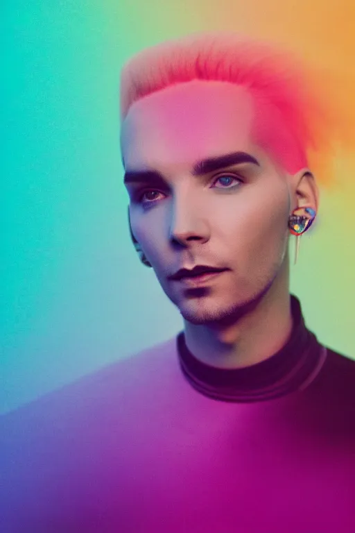 Prompt: high quality pastel coloured film close up wide angle photograph of bill kaulitz wearing clothing swimming on cloud furniture in a icelandic black rock environment in a partially haze filled dreamstate world. three point light, rainbow. photographic production. art directed. pastel colours. volumetric clouds. pastel gradient overlay. waves glitch artefacts. extreme facial clarity. 8 k. filmic.
