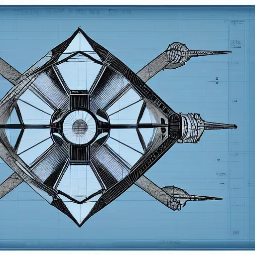 Prompt: section view of a tie fighter, blueprints