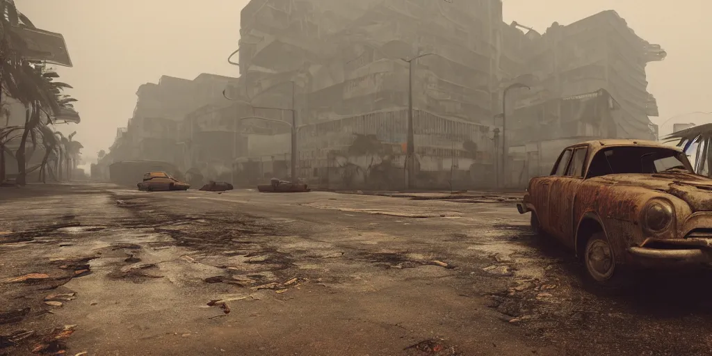 Image similar to wide angle shot of dilapidated fallout 5 tropical coastal city in real life, desolate, dilapidated, empty streets, nightmarish, some rusted retro futuristic fallout vintage style parked cars, overcast, blankets of fog pockets, rain, volumetric lighting, photorealistic, daytime, autumn, sharp focus, ultra detailed, cgsociety