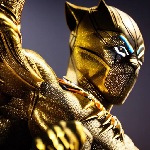 Image similar to a close up photo of a detailed golden statue of Black Panther, epic, 8K,