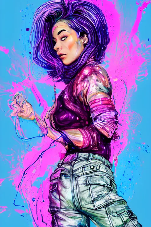 Prompt: a award winning half body portrait of a beautiful woman in a croptop and cargo pants with ombre purple pink teal hairstyle and hands in pockets by ari liloan, surrounded by whirling illuminated lines, paint splashes and splatter, outrun, vaporware, shaded flat illustration, digital art, trending on artstation, highly detailed, fine detail, intricate