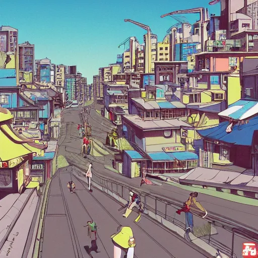 Image similar to city street, sloped street, city on tall hillside, street scene, rollerbladers grinding on rails, skaters, rollerskaters, cel - shading, 2 0 0 1 anime, flcl, jet set radio future, golden hour, japanese town, concentrated buildings, japanese neighborhood, electrical wires, cel - shaded, strong shadows, vivid hues, y 2 k aesthetic