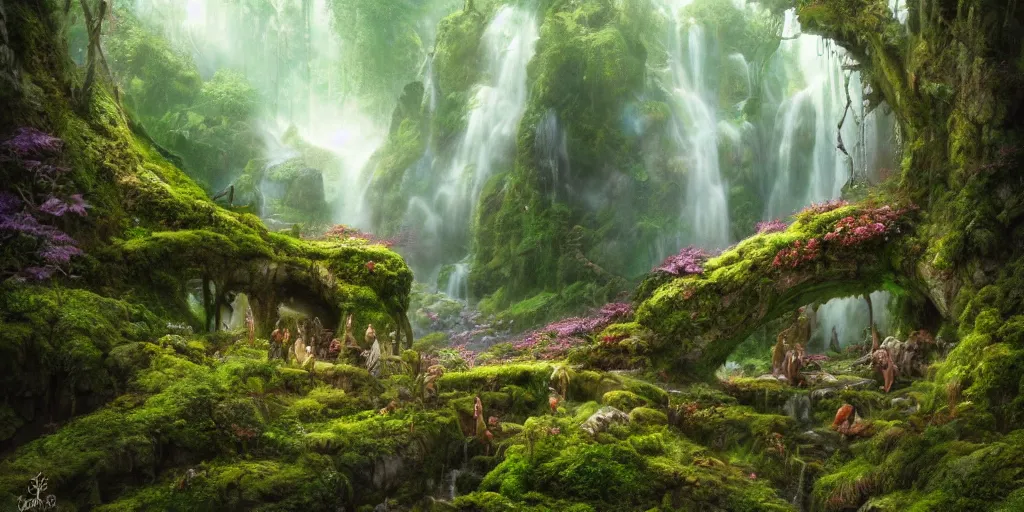 Image similar to fairyland scenery landscape, lord of the rings, waterfalls, monoliths, flowers, mushroom structures, moss highly detailed, vivid color, perfect lighting, perfect composition, 8 k, brian froud, artgerm, derek zabrocki, greg rutkowski