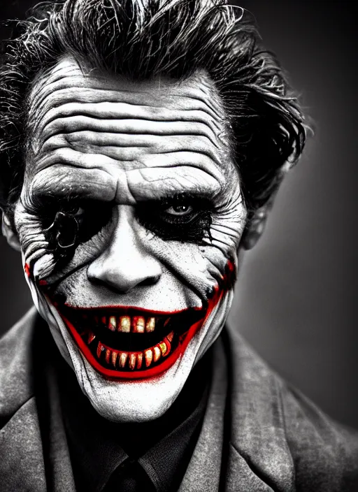 Image similar to photo of Willem Dafoe as the Joker by Lee Jeffries, big smile, detailed, award winning, Sony a7R, trending on artstation