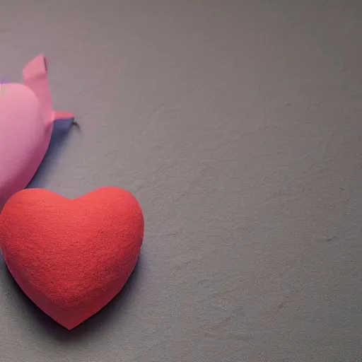 Image similar to 3d render of a red clay heart shape in the middle of a gray sheet of paper, range of pastel colors on the left side