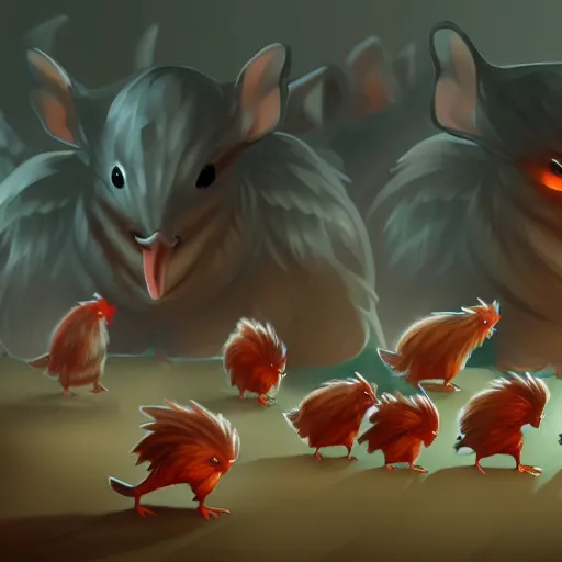 Image similar to army of tiny chickens vs 1 giant ninja rat, digital painting, artstation, hd, 4 k