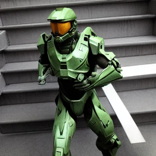 Prompt: master chief falling down a flight of stairs