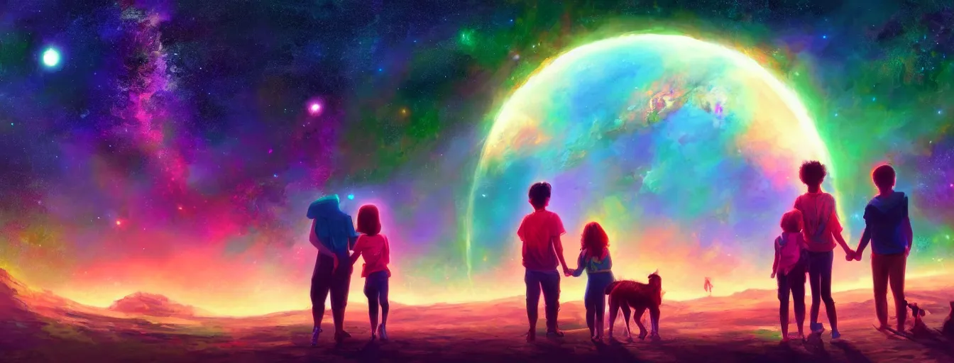 Image similar to rear view of a young couple and a kid holding hands, with a dog sitting next to them in a small green planet looking to the night sky displaying an entire colorful universe, digital art, epic, colorful, highly detailed, by ross tran, artstation