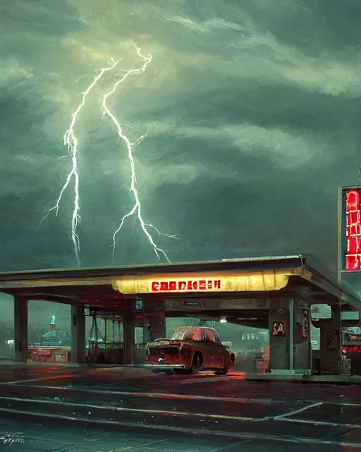 Image similar to a highly detailed epic cinematic concept art CG render digital painting artwork: Soviet gas station, lightning storm. By Greg Rutkowski, in the style of Francis Bacon and Syd Mead and Norman Rockwell and Beksinski, open ceiling, highly detailed, painted by Francis Bacon and Edward Hopper, painted by James Gilleard, surrealism, airbrush, Ilya Kuvshinov, WLOP, Stanley Artgerm, very coherent, triadic color scheme, art by Takato Yamamoto and James Jean