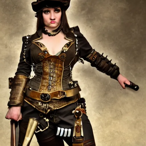 Image similar to long shot photo of a female steampunk warrior