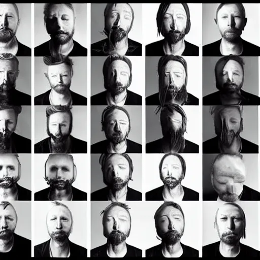 Image similar to versions collage, hyper realistic, many variations of thom yorke, very old, face variations, various emotions, various poses, high quality, brush stroke