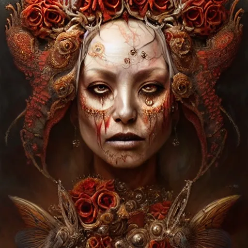 Image similar to a beautiful detailed 3d portrait of female empress of the dead, by ellen jewett, by tomasz alen kopera, by Justin Gerard, ominous, royally decorated, skull, skeleton, whirling smoke, embers, magical realism, texture, intricate, ornate, red adornements, red torn fabric, radiant colors, fantasy, volumetric lighting, high details