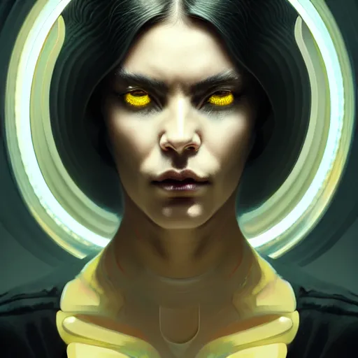 Prompt: woman with extremely large and intricate haircut with angry yellow eyes and slim features looking askance, eye cyberpunk bionics, retro futurist style, intricate, elegant gleaming intricate baroque jewelry, angelic halo, highly detailed, digital painting, artstation, concept art, smooth, sharp focus, illustration, art by wlop, mars ravelo and greg rutkowski,