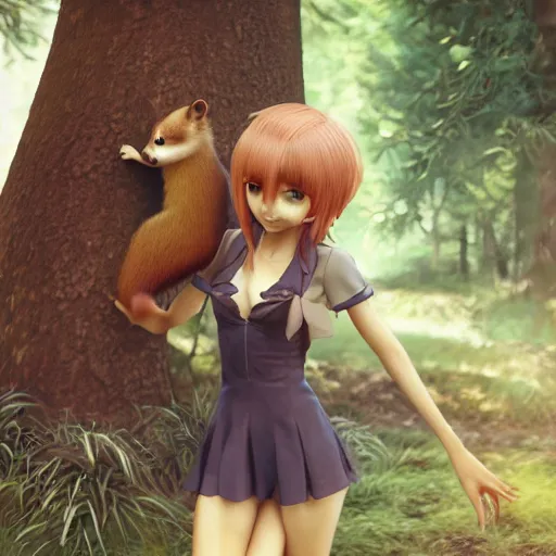Image similar to Cute realistic anime girl with a pine marten, 3d render, octane render, CGsociety, 4k, high quality