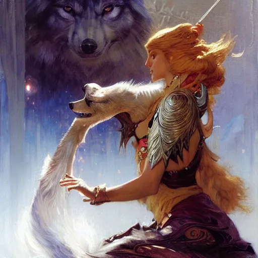 Prompt: stunning female master wizard transforming into wolf, highly detailed painting by gaston bussiere, craig mullins, j. c. leyendecker, 8 k