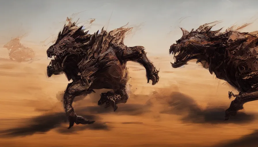 Image similar to concept art of beast running across the open desert by jama jurabaev, trending on artstation, high quality, brush stroke