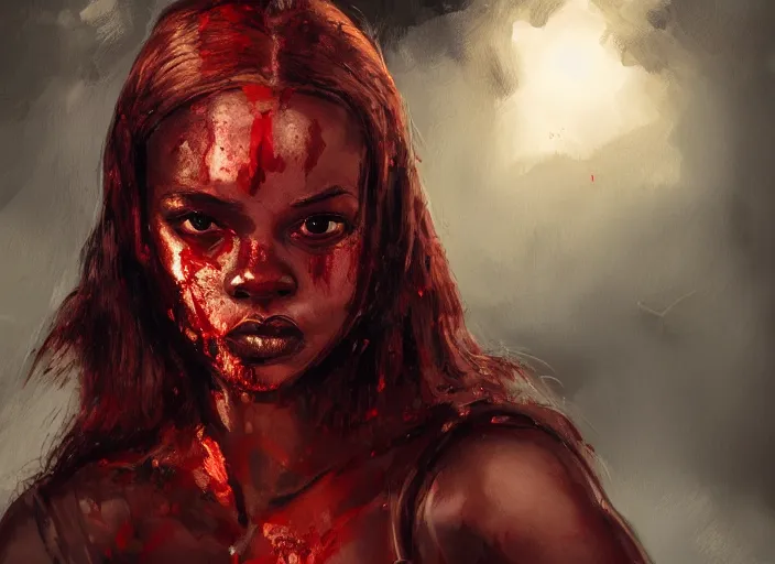 Prompt: landscape, portrait painting beautiful realism, an african girl red hair in wood armor who was sprawled out was about to rise, his face covered in blood. cinematic scene, good lighting, fine art, trending on artstation, smooth draw, sharp focus.