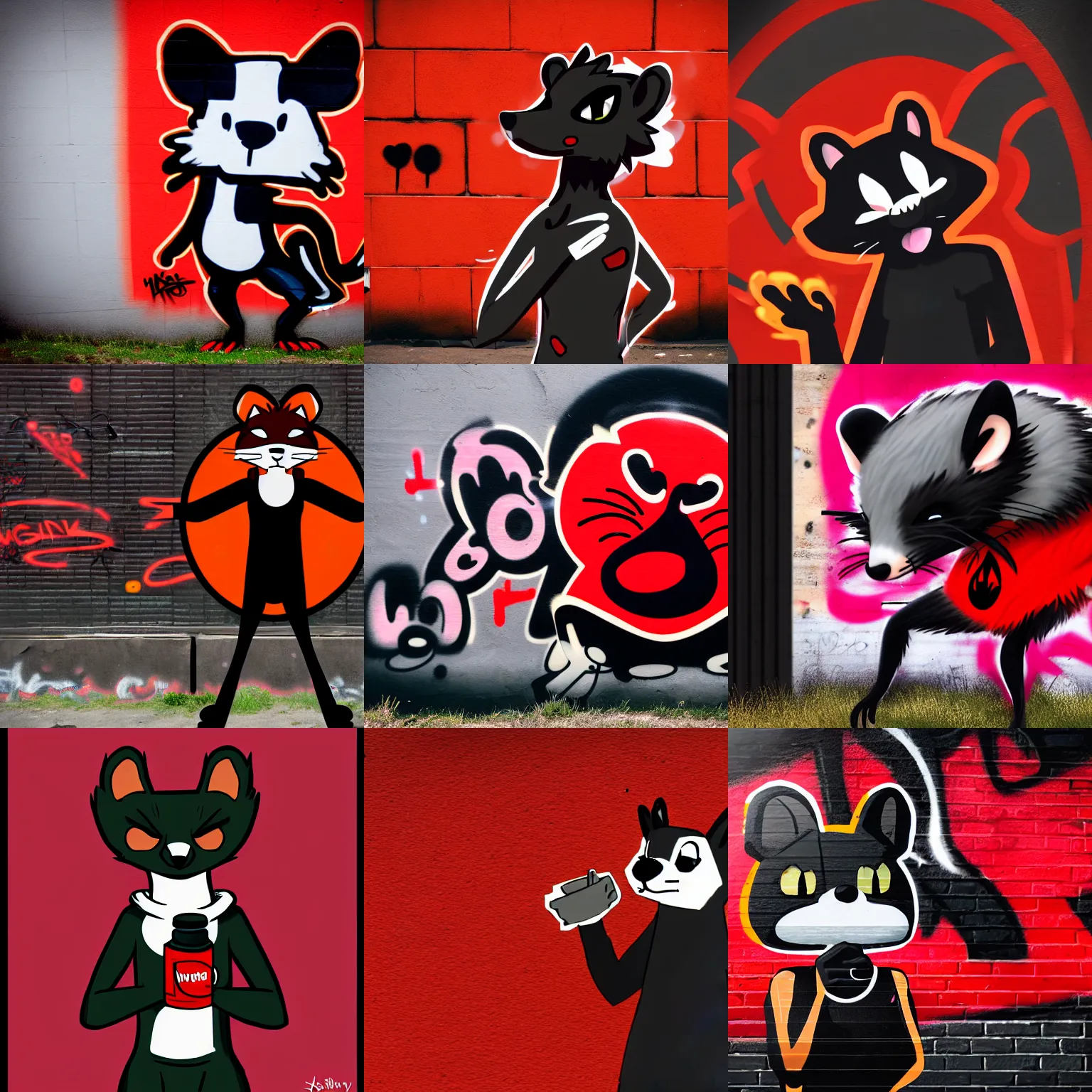 Prompt: photo ( far _ shot ), subject [ furry _ fandom _ fursona _ original _ character ( red - black, anthropomorphic _ humanoid _ furry, weasel - ferret - stoat ) ], background ( dark _ smokiness ), medium [ graffiti ]