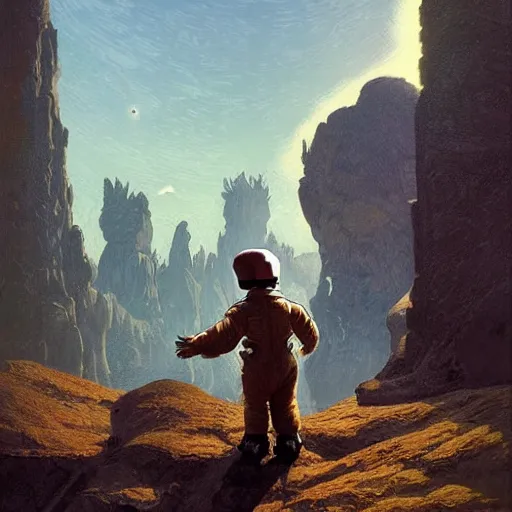 Prompt: A little boy with brown hair wearing a space suit getting q Upgrade on his blaster, Graceful body structure,cute,Symmetrical face,highly detailed,elegant,Marc Simonetti and Caspar David Friedrich, Trending on artstation,depicted as a scifi scene