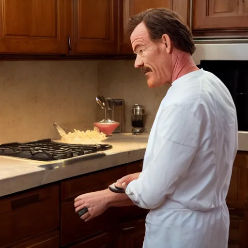 Prompt: bryan cranston cooking up a nice bacon cabonara pasta in the kitchen, cinematic lighting, hd 4 k photo