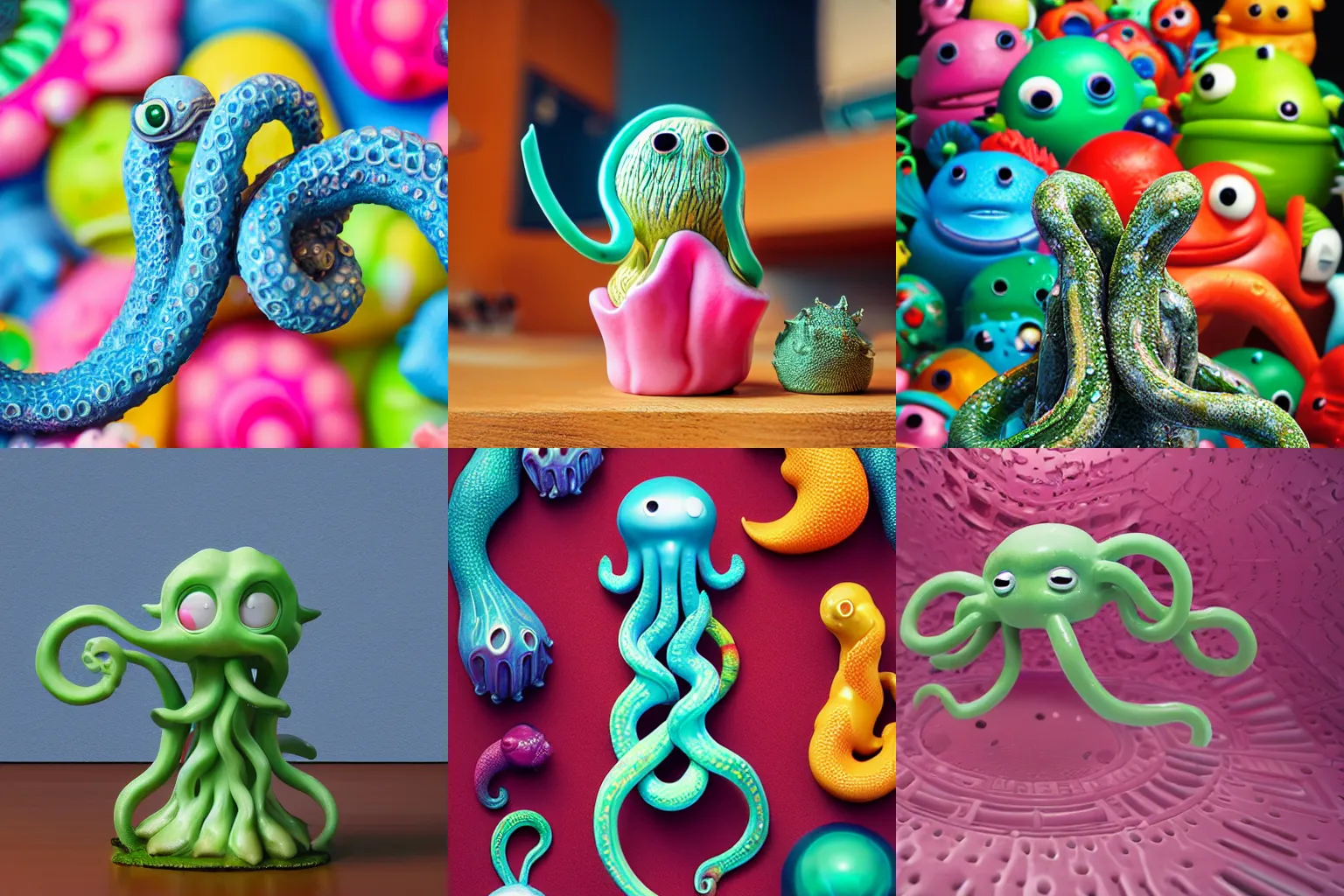 Prompt: ebay product, cute miniature resine figure, High detail photography, 8K, 3d fractals, pictoplasma, one simple ceramic toy tentacle monster Figure sculpture, surrounded by splashes, 3d primitives, in a Studio hollow, by pixar, by jonathan ive,, simulation
