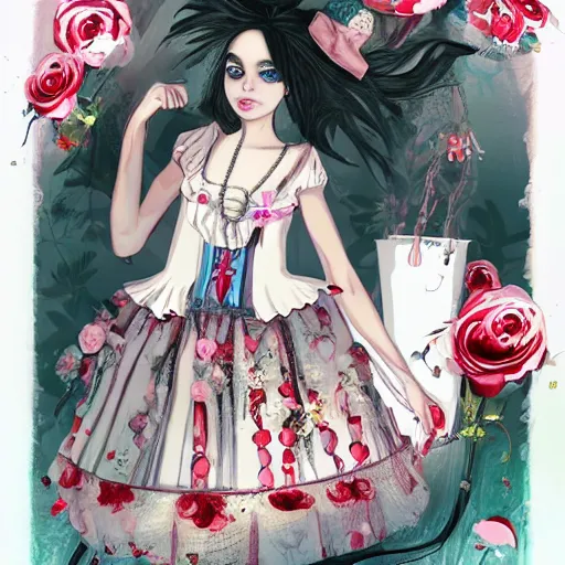 Image similar to Alice in Wonderland at the tea party, she looks like a mix of Grimes and zoë kravitz, very long fingernails, childlike, hair and dress billowing dramatically in the wind, wearing heaving stacks of pearl necklaces, surrounded by red and white roses, digital illustration, inspired by a stylistic blend of Aeon Flux, Japanese shoujo manga, and John singer Sargent paintings, hyper detailed, dreamlike, otherworldly and ethereal!!!!! delicate, flower petals, super photorealistic!! extremely fine inking lines, gradient colors