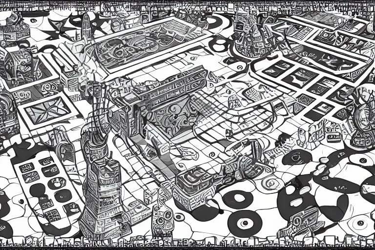 Prompt: isometric view, game board, cosmic horror game, in the style of Jack Kirby,