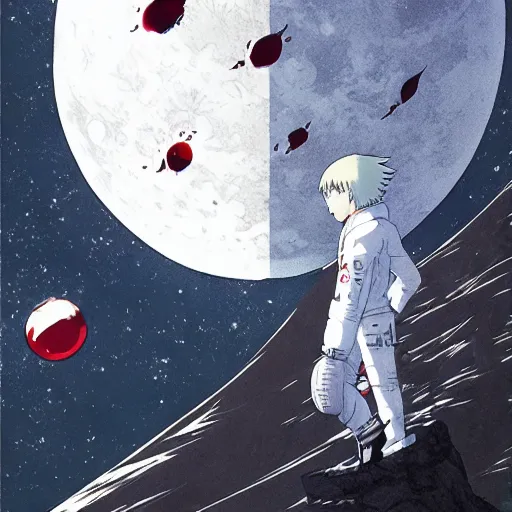 Prompt: Ken Kaneki, on the moon, alone, Hiroaki Tsutsumi style