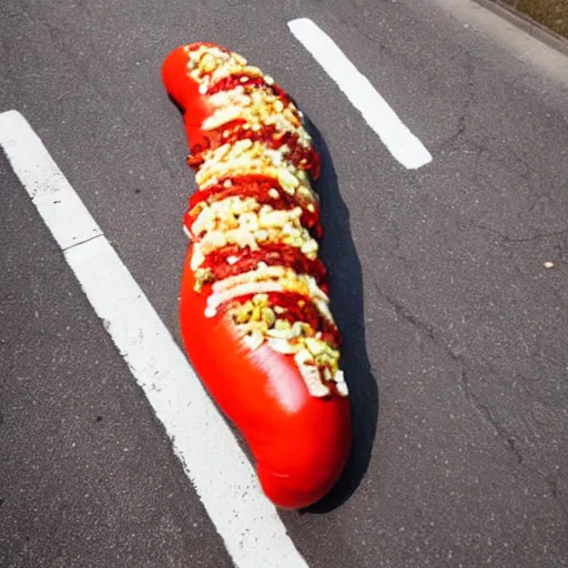 Image similar to giant hotdog laying in the street