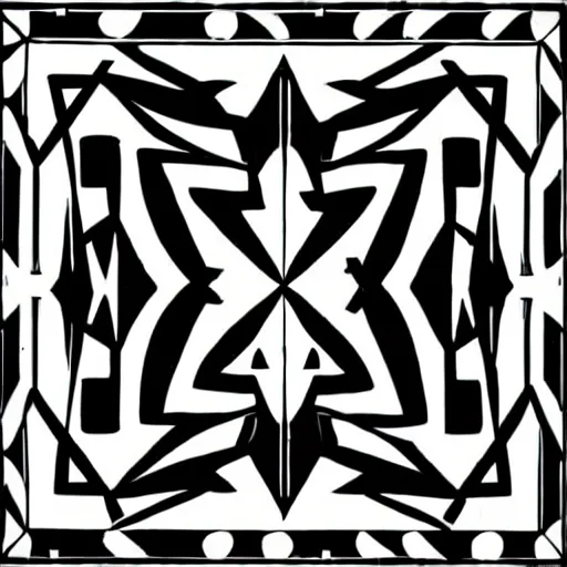 Image similar to graphical painting of symmetrical, geometric shapes with large bold, black paint strokes