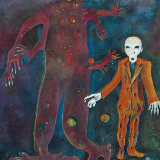 Image similar to phthalo, stock photo haunting by lois mailou jones, by george grosz. a beautiful street art of a small figure standing in the center of a dark, foreboding landscape. the figure is surrounded by strange, monstrous creatures, & there is a feeling of unease & dread.