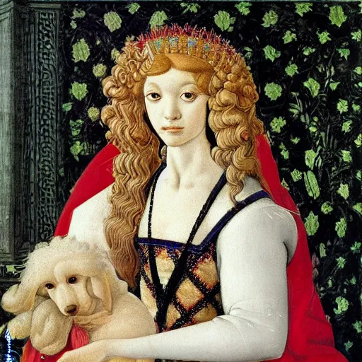 Image similar to portrait of a white poodle with curly white hair as an italian queen, painting by botticelli, 1 4 8 0 s