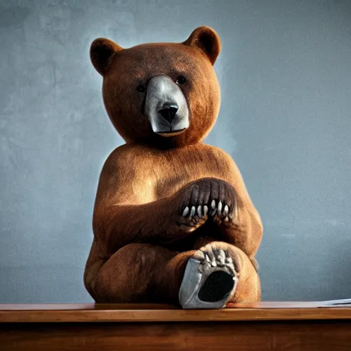 Prompt: bored bear, head leaning on paw with elbow on table