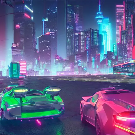 Image similar to Neon cyberpunk cityscape including CN tower of Toronto Canada with flying cars and advertisement screens, Blender 3D, Unreal Engine, 8k, by Jordan Grimmer and Andrea Pozzo