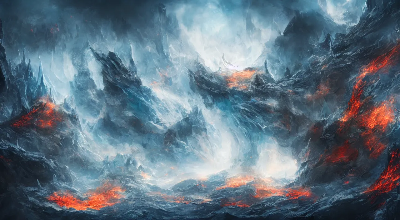 Image similar to Kingdom of fire and ice, breathtaking, mixed media, digital art, trending on artstation, deviantart, 8k, epic composition, intrinsic details, AAA graphics