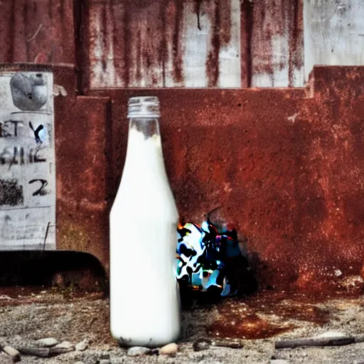 Image similar to dirty bottle of milk and a cow inside rusted slaughterhouse