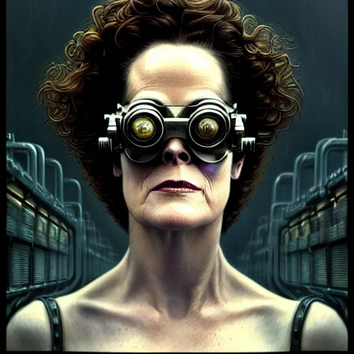 Image similar to closeup portrait shot of sigourney weaver wearing steampunk goggles in a scenic dystopian environment, intricate, elegant, highly detailed, centered, digital painting, artstation, concept art, smooth, sharp focus, illustration, artgerm, tomasz alen kopera, peter mohrbacher, donato giancola, joseph christian leyendecker, wlop, boris vallejo