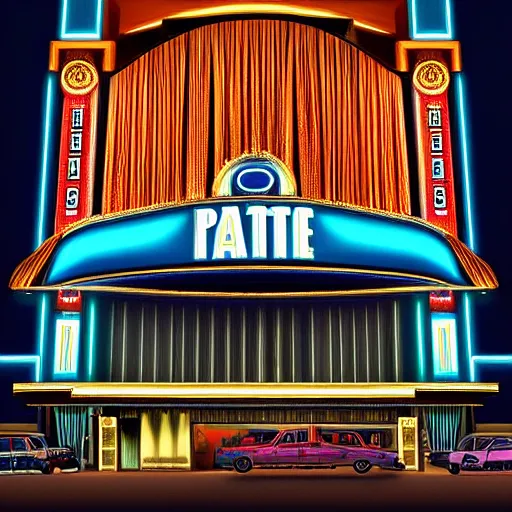 Image similar to incredible image of art deco palace movie theater from outside at night, luxury, hyper detail, hyper real,