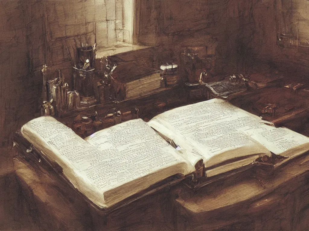 Image similar to detailed painting of a book bleeding ink onto a desk, by John Howe and Krenz Cushart