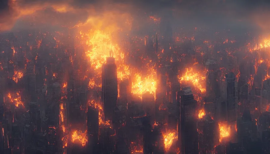 Image similar to burning destroyed new york city under siege, game map matte painting, volumetric light, hyperdetailed, artstation, cgsociety, 8 k