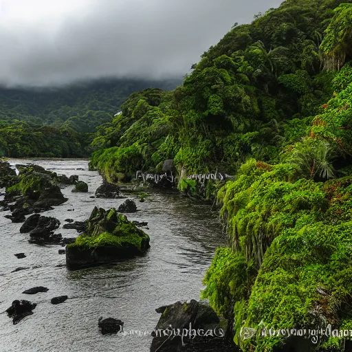 Image similar to View from a small rocky beach of a 200 meter high gorge covered in ancient New Zealand lowland Podocarp forest with vines, epiphytes and Nikau palm trees. A Moa is eating a leaf at the edge of the forest. A small river in the foreground with small brown ducks. Moody stormy day, landscape photography, sunset, 4K