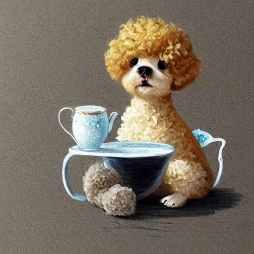 Image similar to Concept art of cute poodle sitting inside a tea cup