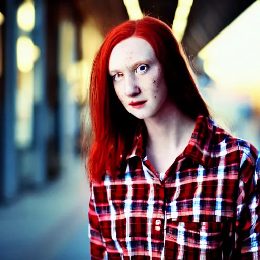 Prompt: photograph, closeup portrait of a young pale woman with shoulder length red hair, tired eyes, freckles, wearing red flannel, soft lighting, city background, sunset, bokeh, urban setting, high contrast, sharp, portra 8 0 0, photographed by annie leibovitz, trending on tumblr,