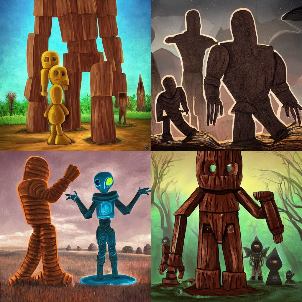 Prompt: wooden golem in the foreground and alien knights in the background, digital art