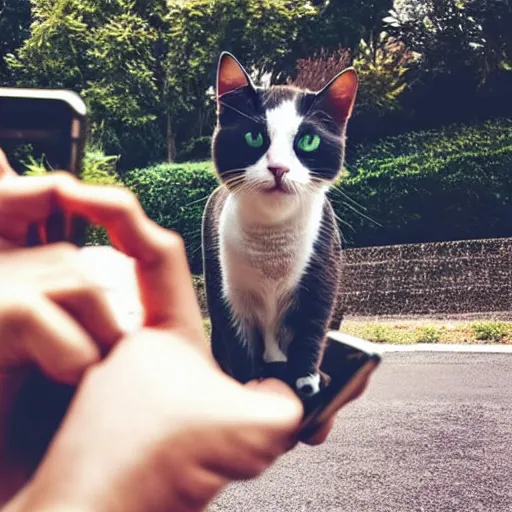 Prompt: Cat holding a phone as if he was taking a selfie with a blue Mercedes car behind him