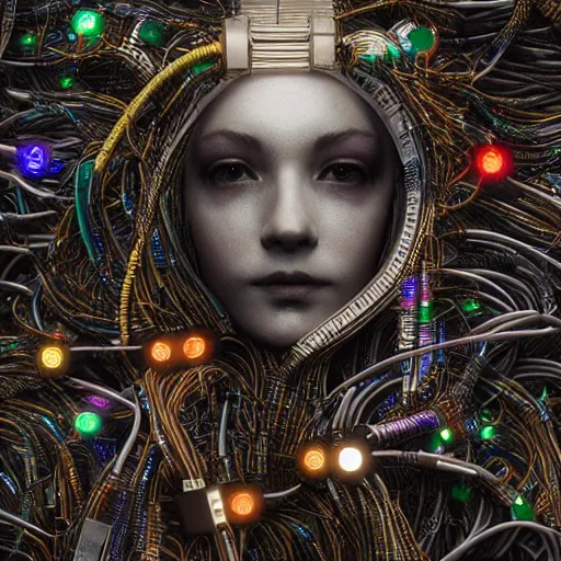 Image similar to give me a higher love, piles of modular synth cables, goddess swimming up wearing a headpiece made of circuit boards, by cameron gray, wlop, stanley kubrick, masamune, hideki anno, unique perspective, trending on artstation, 3 d render, vivid