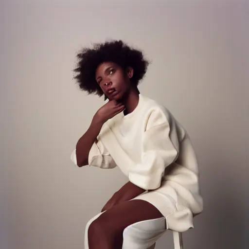 Image similar to realistic! photoshoot for a new balenciaga lookbook, color film photography, portrait of a beautiful woman, photo in style of tyler mitchell, 35mm