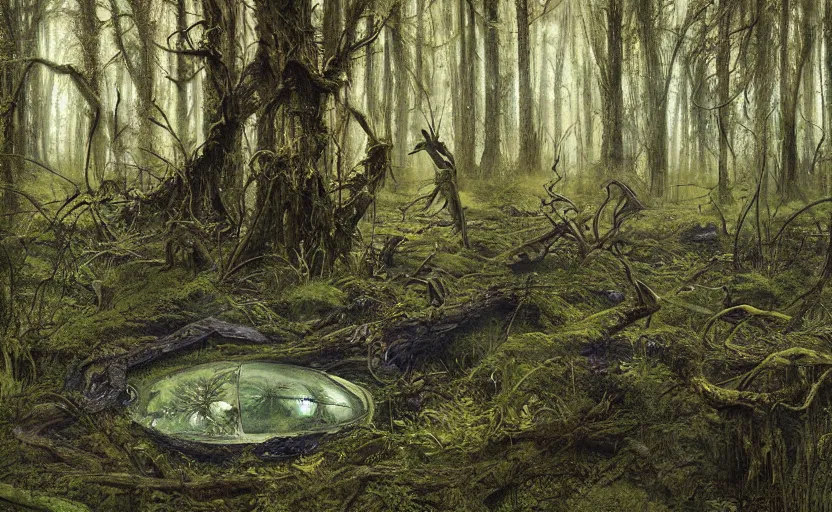 Prompt: digital painting of ovni crash site on swamp wasteland, extraterrestrial body parts on the floor, forest, moss, elegant artwork by lee bermejo and greg rutkowski and alphonse mucha